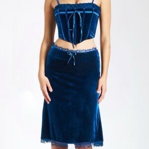 Miss Circle Teal Velvet Top & Skirt With Lace Trim